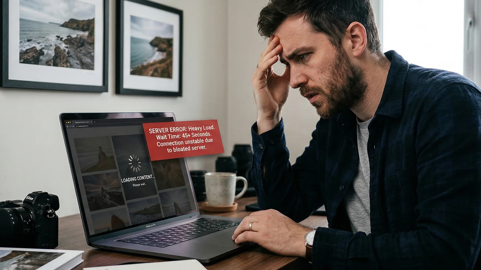 A frustrated photographer sitting at a dark wooden desk staring at a laptop screen showing a slow-loading WordPress portfolio with a red server error.