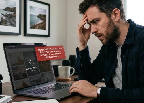 A frustrated photographer sitting at a dark wooden desk staring at a laptop screen showing a slow-loading WordPress portfolio with a red server error.